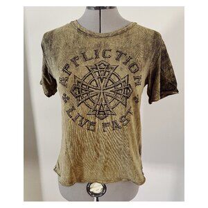 Affliction Battlefront Live Fast Sz S Iron Cross Military Green Wash Tee Shirt